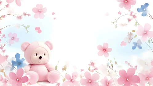 Pink teddy bear sits amid soft pastel spring blossoms