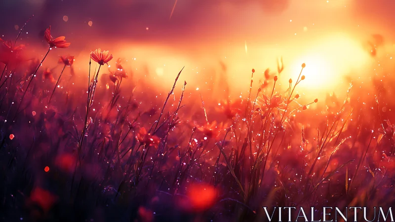 Backlit wildflower field under intense warm sunset glow.