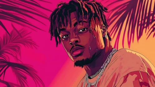 Neon sunset portrait captures confident man in tropical heat