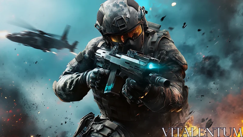 Futuristic infantry soldier advancing in digital battle zone.