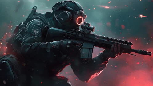 Futuristic tactical soldier with rifle in combat stance.