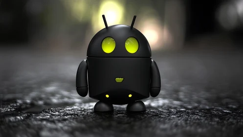 Small black robot figurine stands on wet textured ground