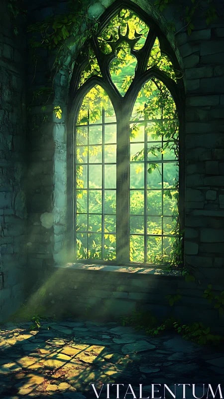 Sunlit ivy window in a forgotten stone chapel glow.