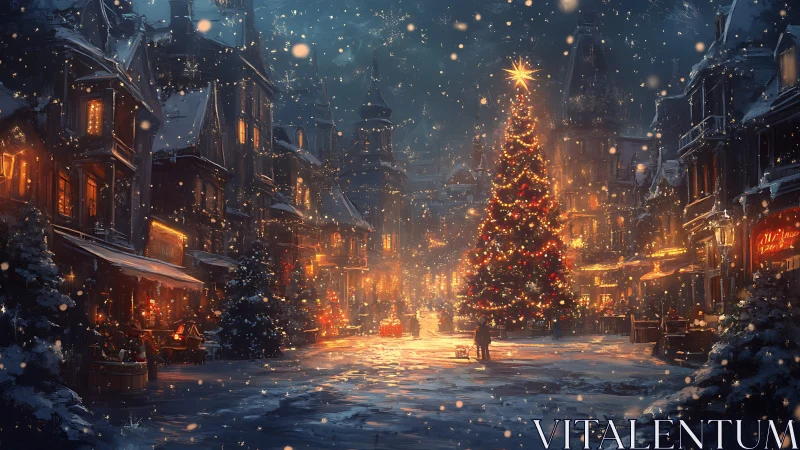 Snow-laden town square centers on illuminated Christmas tree