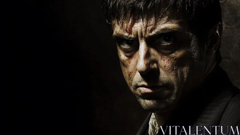 Intense male portrait under harsh low key cinematic light.