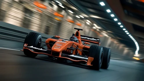 Scarlet Formula racer blasting through illuminated tunnel.