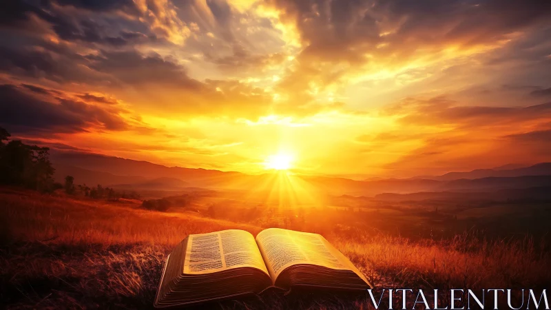 Open book glows under radiant sunset over rolling valley
