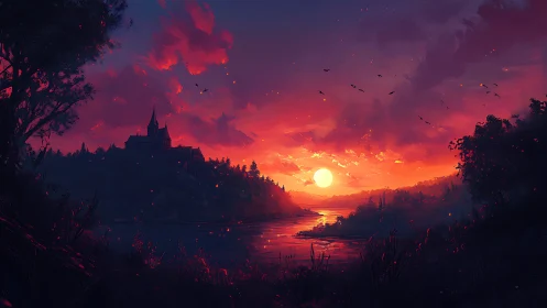 Sunset river valley with distant castle silhouette view.