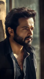 Brooding windowlight portrait of a modern bearded dreamer.