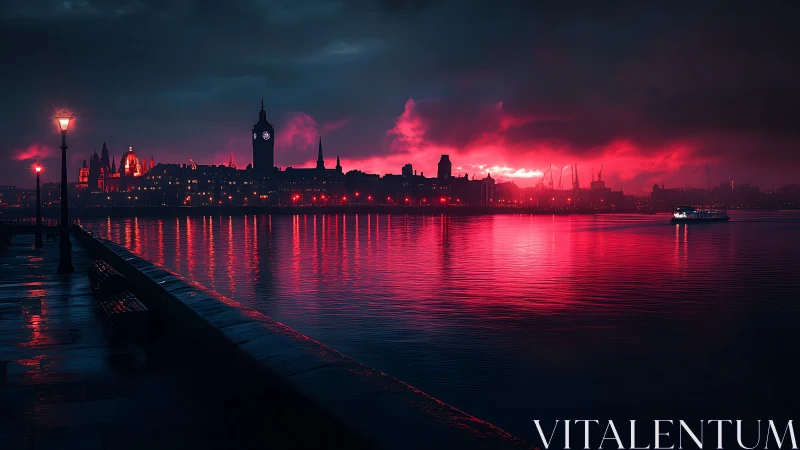 Neon red sunset bathes a moody riverside city skyline.