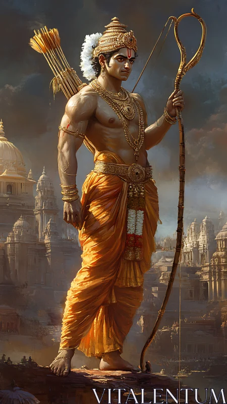 Warrior archer deity stands over golden ancient cityscape