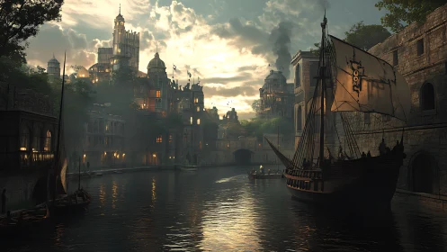 Sunset galleon approaches a misty medieval riverside city