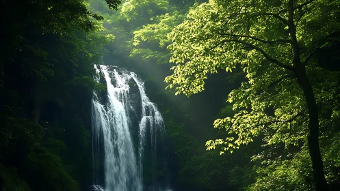 Sunlit forest waterfall cascades through lush green foliage.