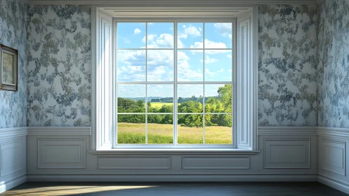 Interior wall with large window overlooking rural landscape.
