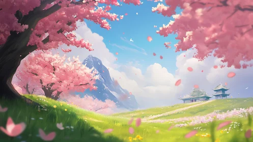 Serene cherry blossom valley unfolds beneath bright spring sky