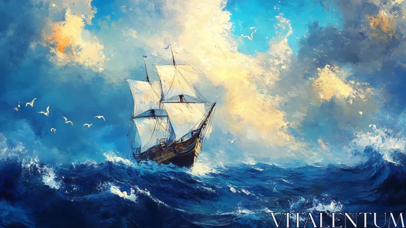 Sailing vessel on open sea beneath dense cloud formations.