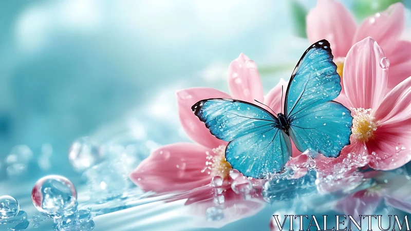 Blue butterfly on wet pink flowers in shallow water.