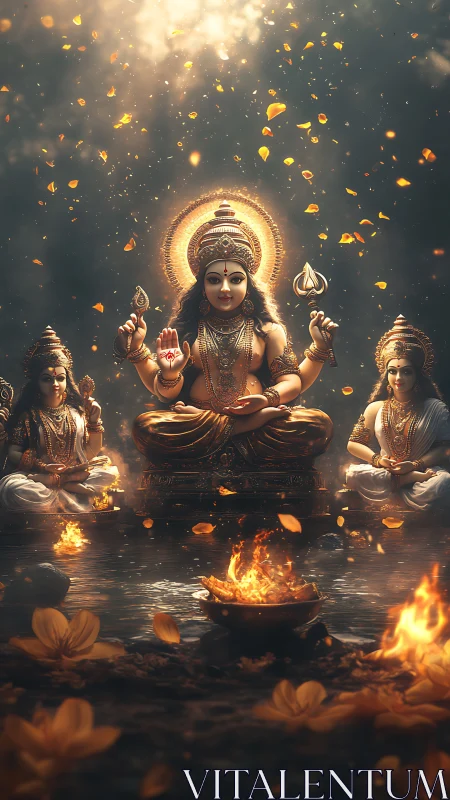 Central seated deity figure is surrounded by attendants and fire