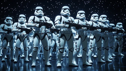 Armored sci fi infantry in synchronized formation under starfield lighting