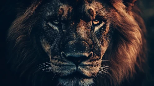 Brooding lion portrait in dramatic low key light.