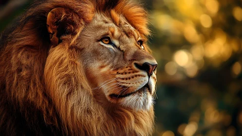 Lion portrait under golden bokeh light, intense gaze.