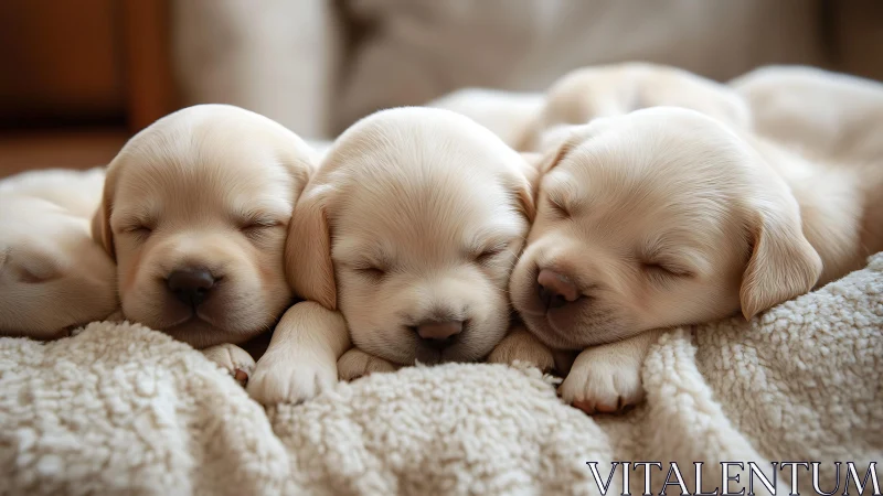 Sleeping cream puppies on soft textured blanket close together.