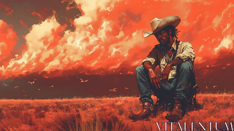 Cowboy resting in vivid orange prairie sunset scene.