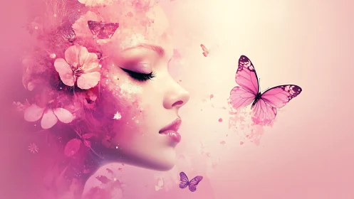 Pink surreal portrait merging flowers, woman, butterflies.