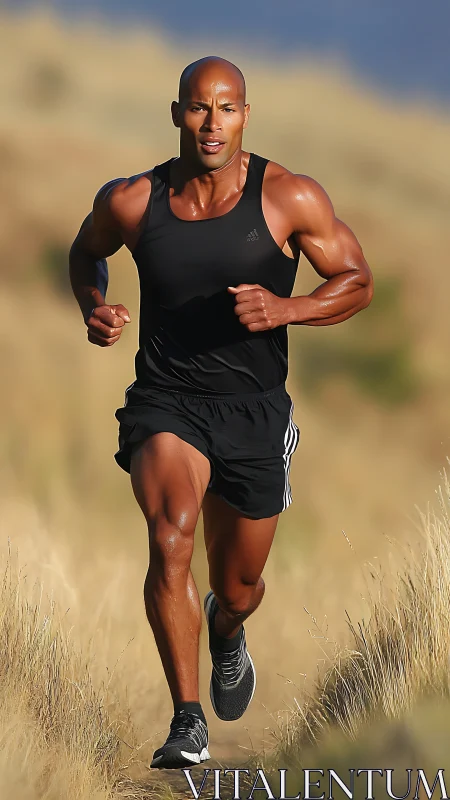 Focused male runner on dry grass trail in bright daylight.