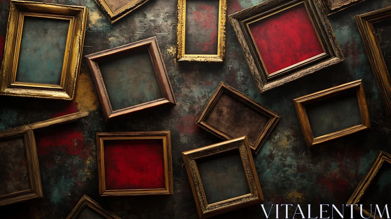 Oblique empty frames on distressed chromatic wall surface.