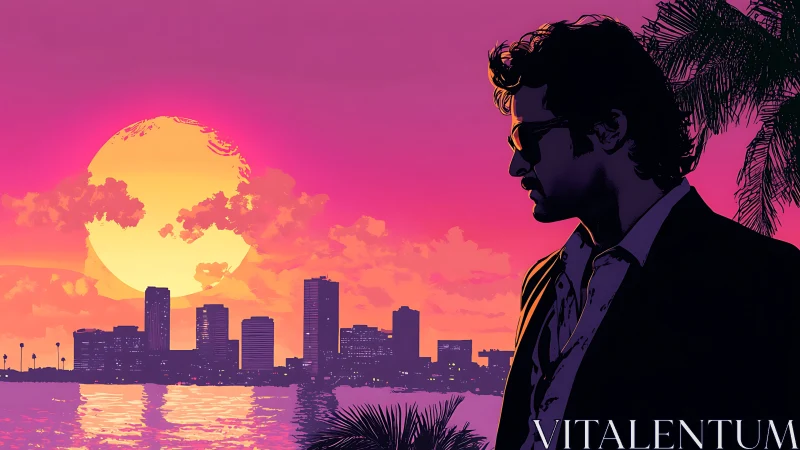 Silhouetted man overlooks neon city skyline at sunset scene