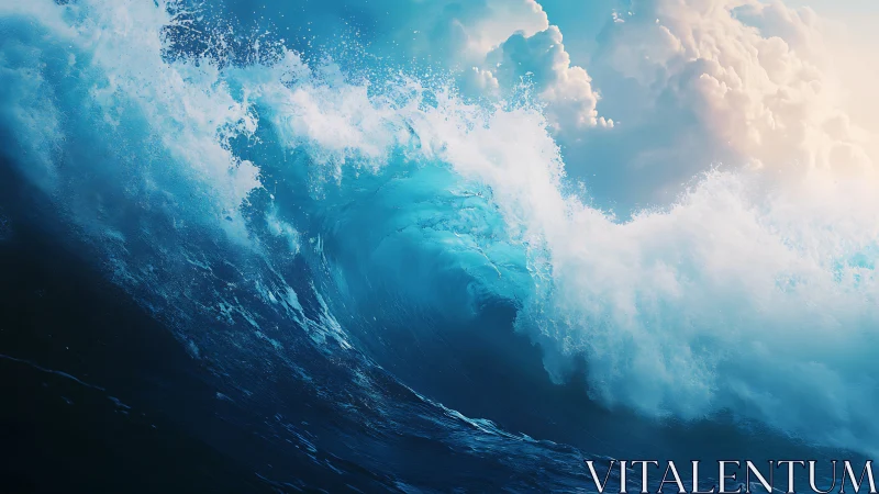 Majestic ocean wave curls toward soft glowing clouds above