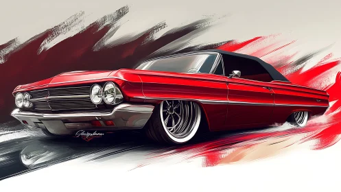 Lowrider red classic coupe in dynamic digital brushwork.