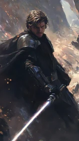 Armored warrior with energy blade in stormy battle scene.