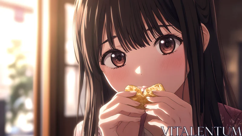 Anime close-up portrait with warm café lighting and snack focus.