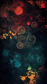 Spiral motifs intersect with floral silhouettes on dark field