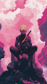 Solitary cyber ninja sits above crimson storm clouds