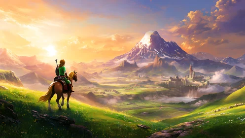 Hero on horseback greeting a glowing fantasy valley at dawn.