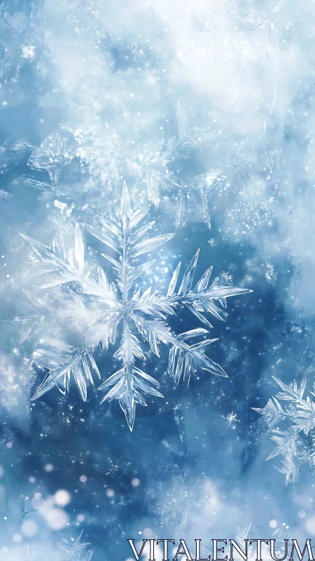 Crystal snowflakes drift in a dreamy frozen blue haze