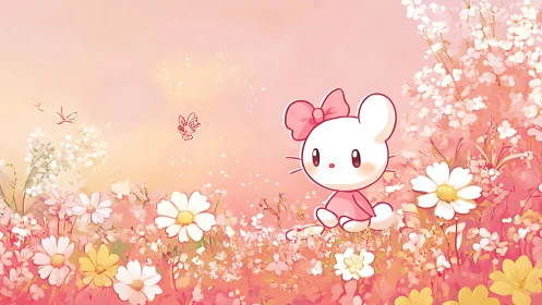 Gentle bunny friend enjoys a dreamy pink spring meadow