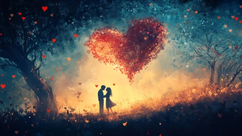 Digital illustration of two figures beneath oversized heart formation in landscape