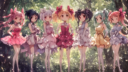 Forest sunlight crowns seven pastel idols in petal dresses