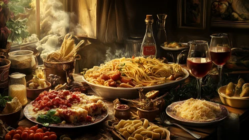 Cinematic Italian pasta banquet under diffused window light.