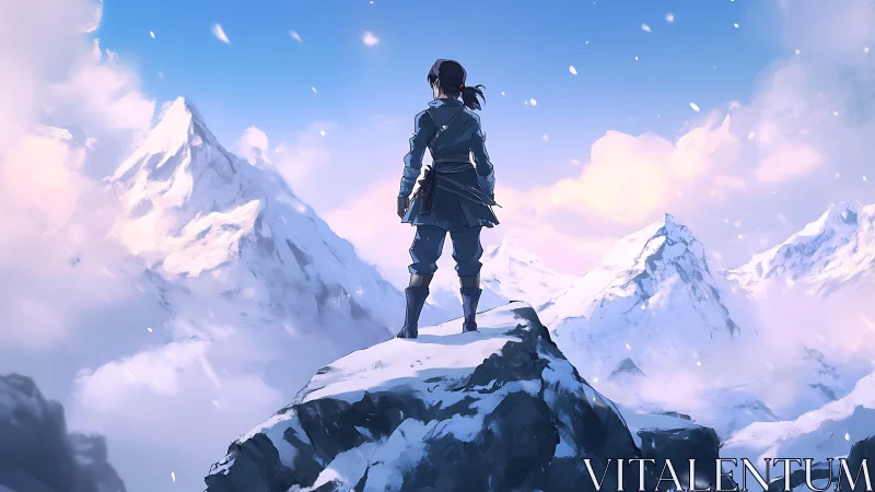 Solitary climber surveys vast sunlit alpine peaks.