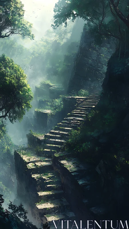 Mossy stone stairway climbing through misty forest gorge
