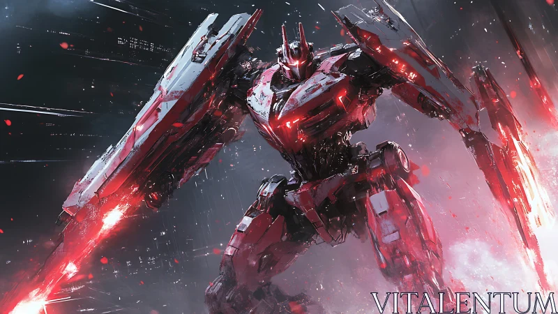 Crimson mech guardian strides through sparks and stormlight.