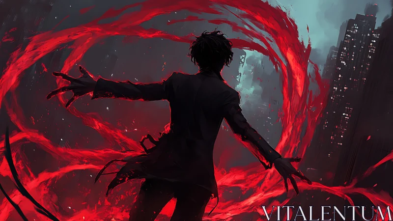 Dark figure commands crimson energy over a stormy city