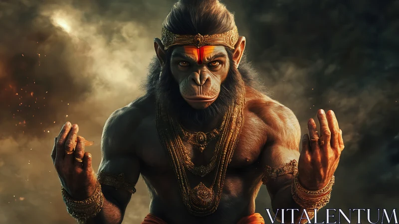 Divine warrior monkey god stands in fiery atmospheric haze