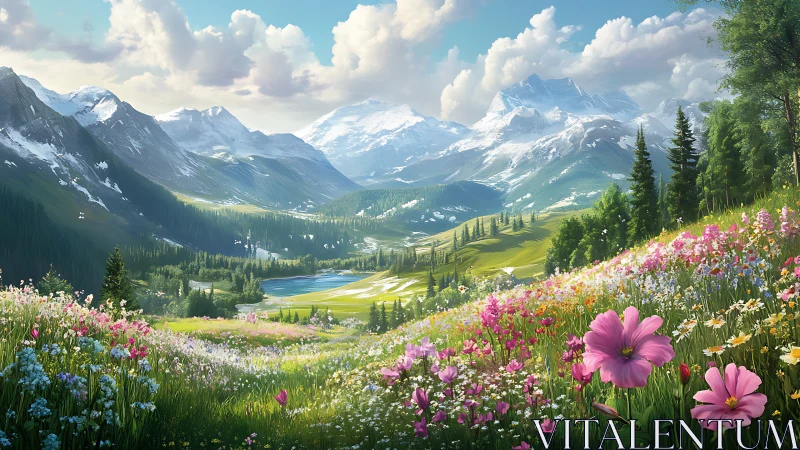 High-alpine floral valley under snow-laden mountain massif.