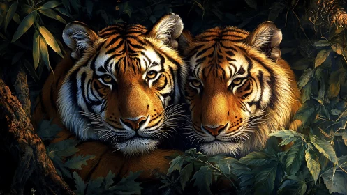 Twin Tigers Emerge: Golden Predators Locked in Woodland Gaze